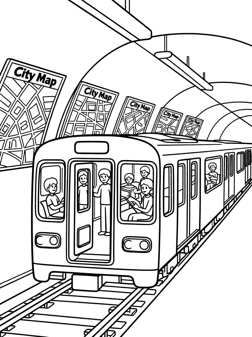 Subway train in underground tunnel with passengers reading and city maps posted on station walls