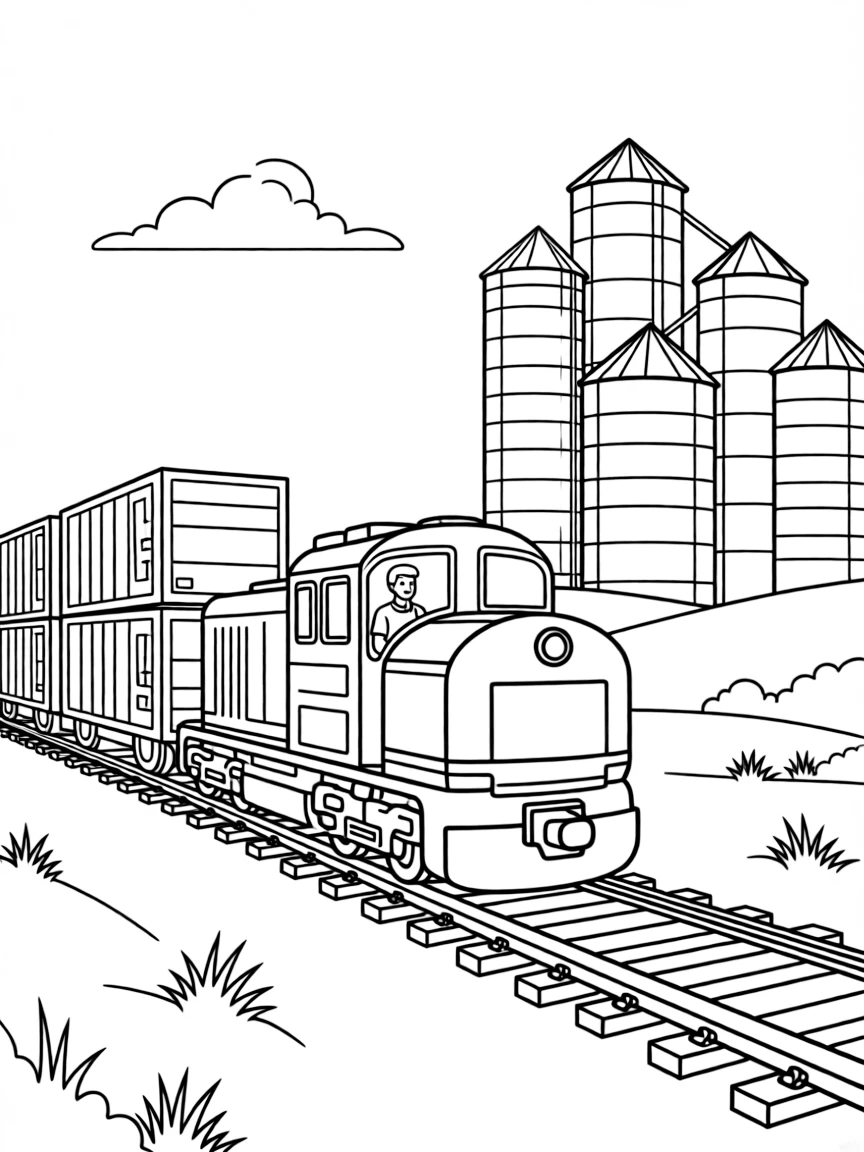 Freight train carrying cargo containers across prairie landscape with engineer in cab and grain elevators