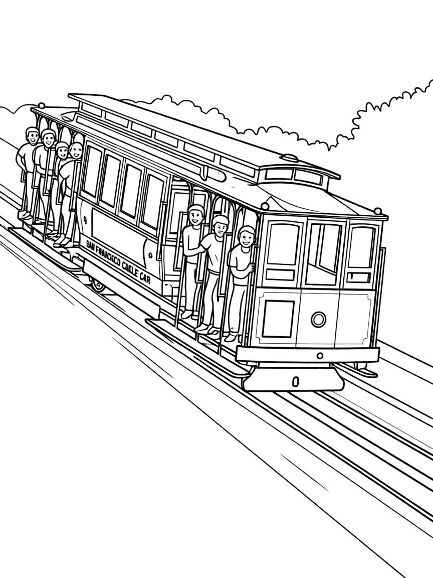 Trolley car climbing San Francisco hills with passengers hanging onto sides and cable car mechanisms