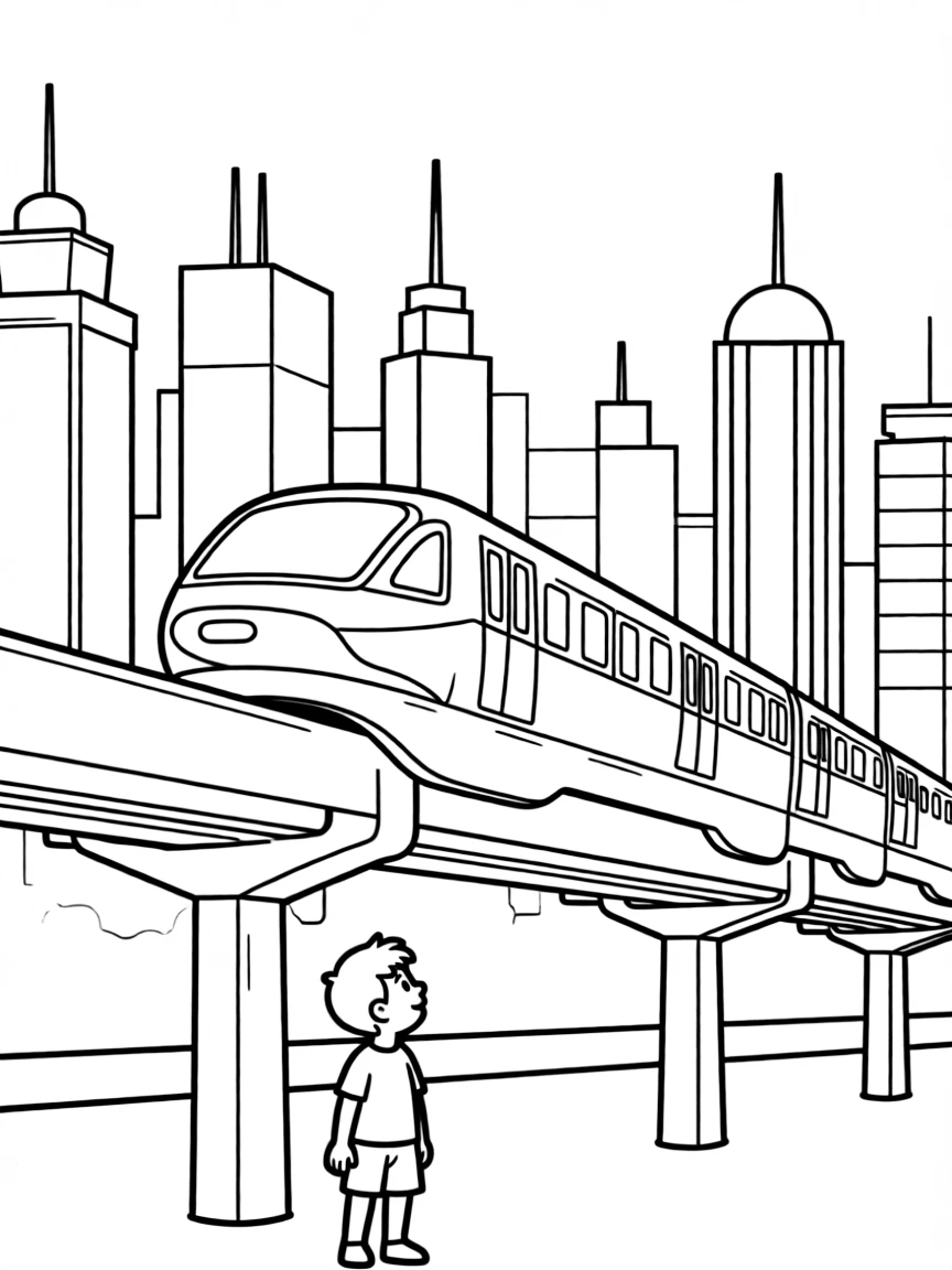 Monorail gliding above city with futuristic design, elevated tracks, and urban skyline in background
