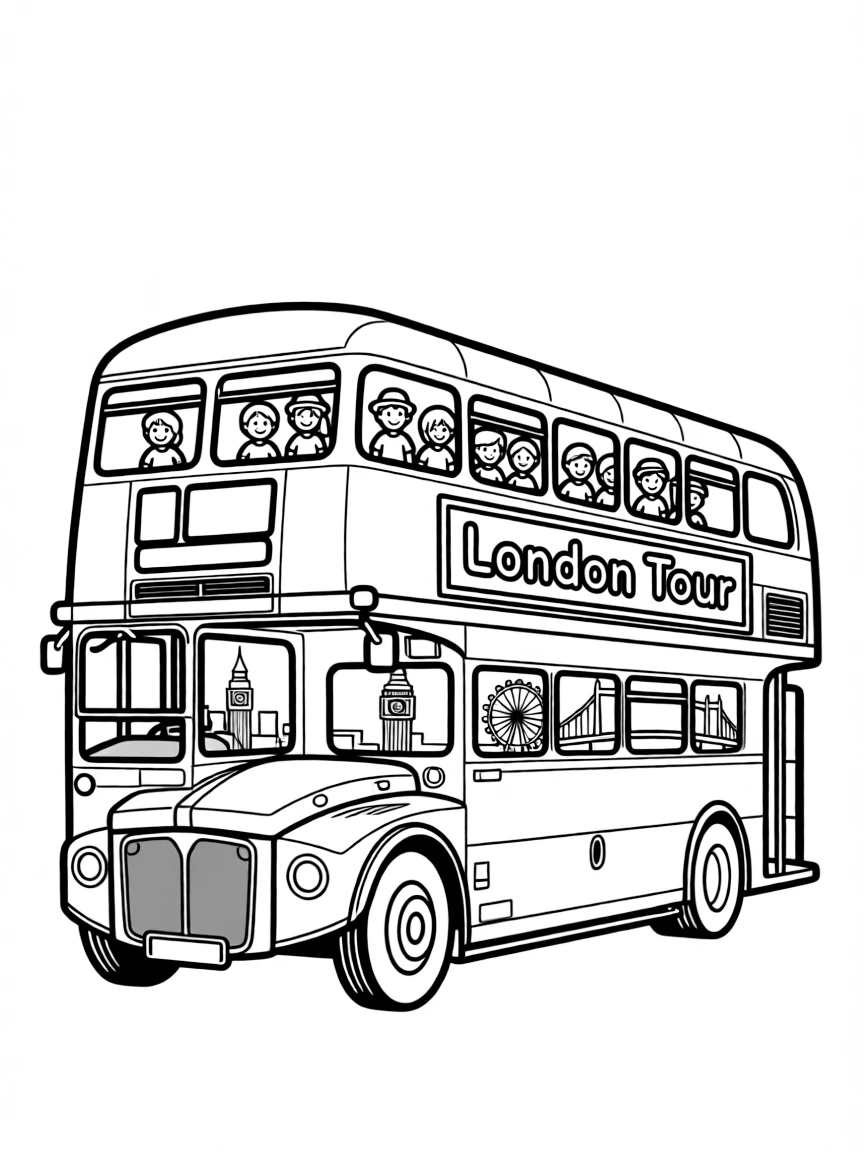Double-decker bus touring London with passengers on top level and famous landmarks visible outside