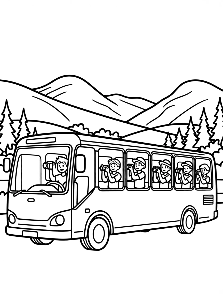 Tour bus visiting national parks with large windows, tourists with cameras, and scenic mountain views