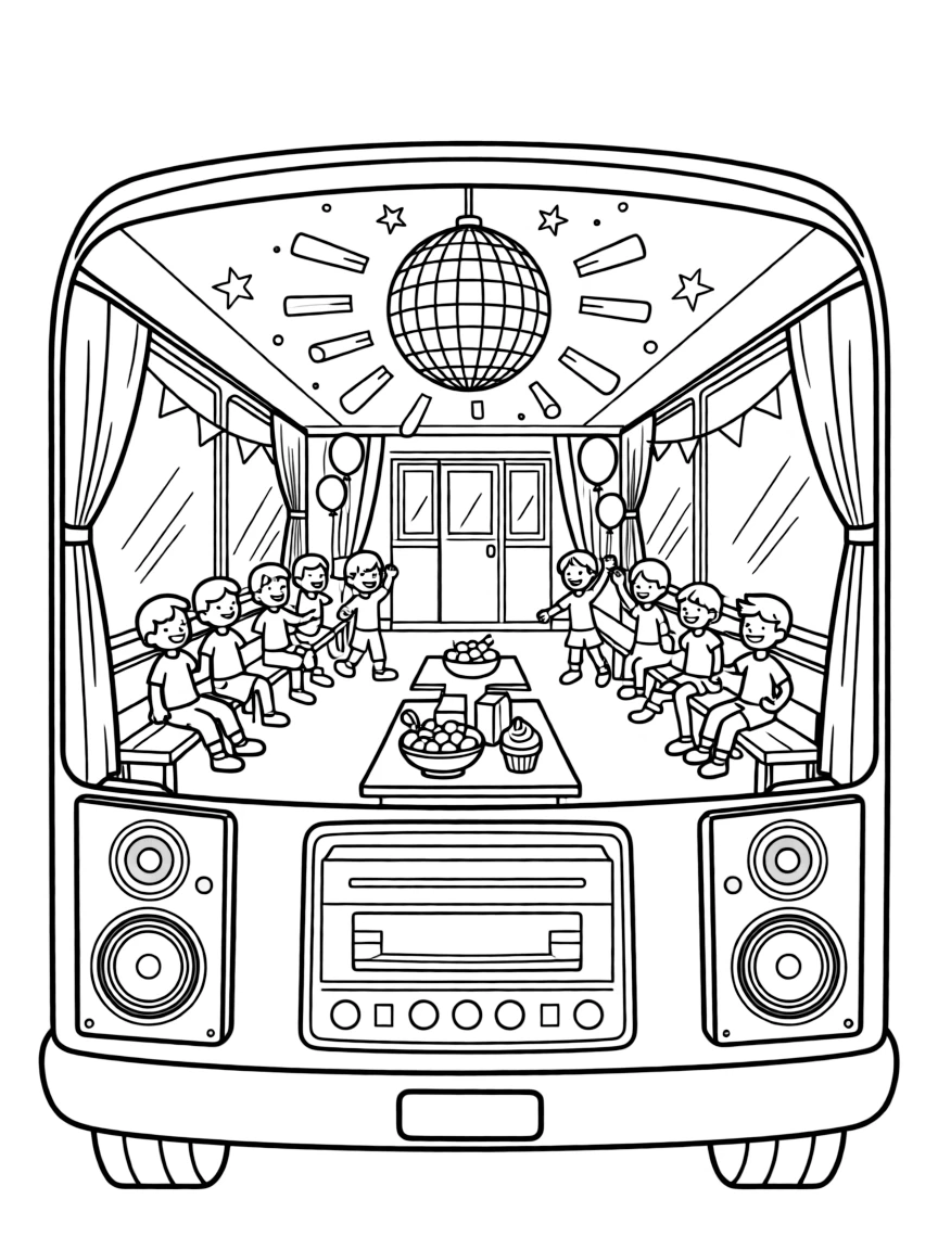 Party bus with disco lights and music system, celebrating group inside with decorations and refreshments