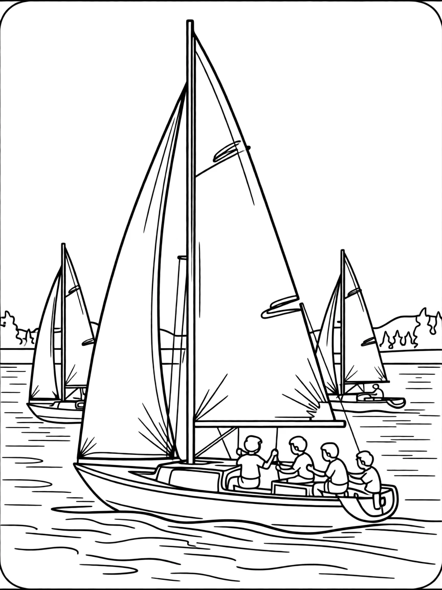 Sailboat racing across lake with wind filling sails, crew adjusting rigging, and other boats competing