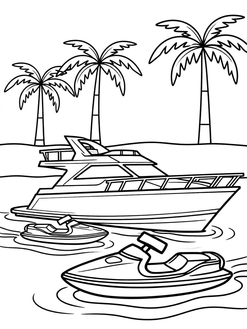 Yacht anchored in tropical bay with swimming platform, jet skis nearby, and palm trees on shore