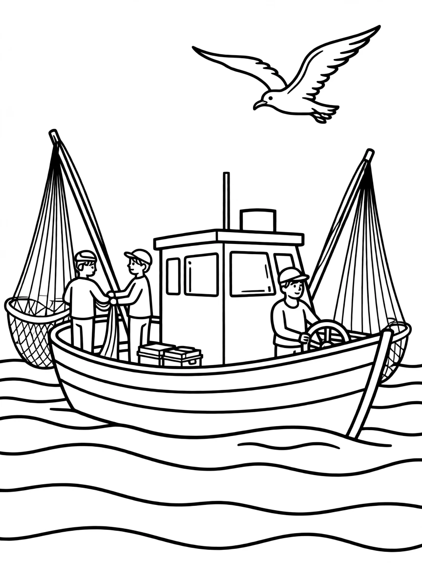 Fishing boat heading out to sea with nets, tackle, and crew preparing for day's catch