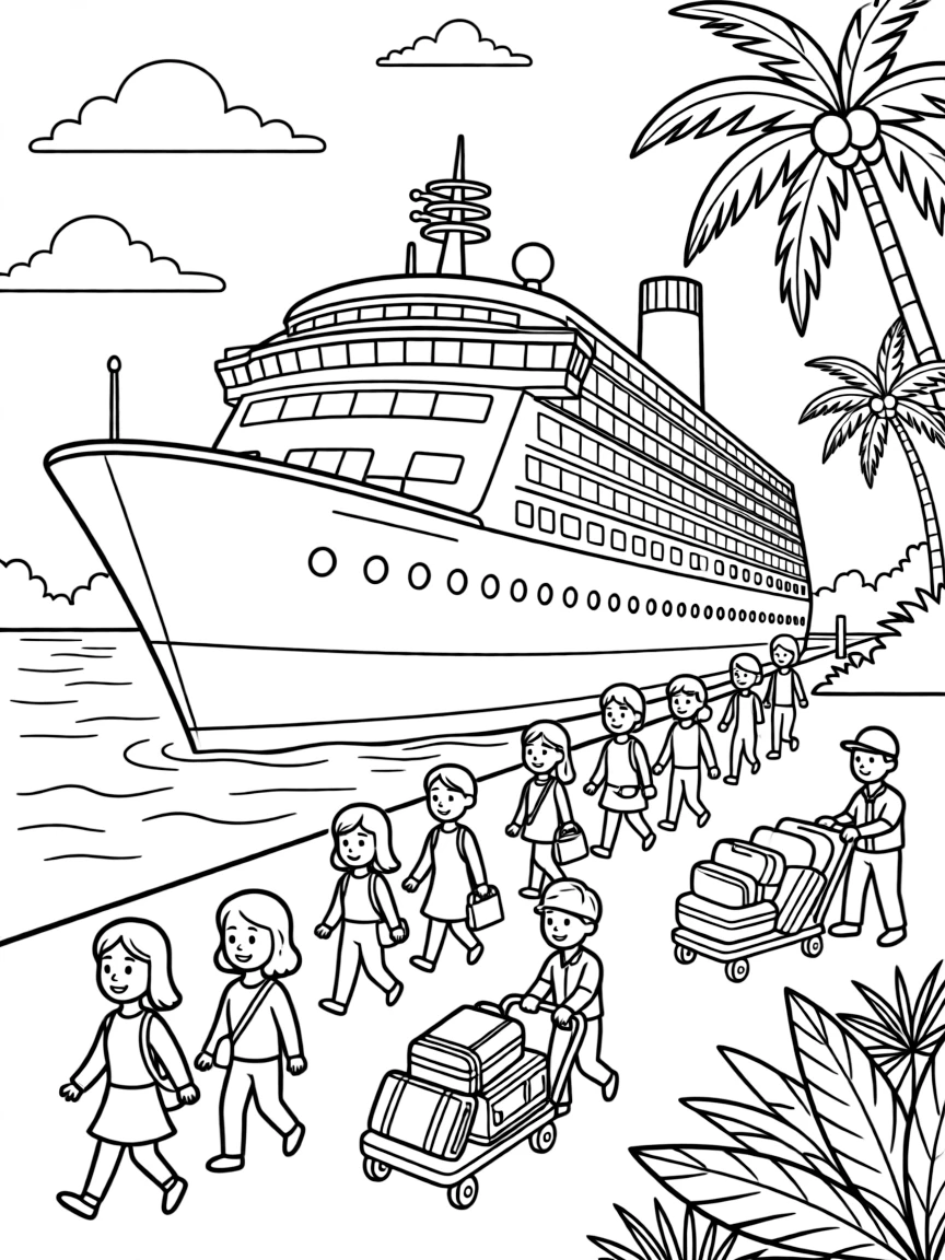 Cruise ship docked at port with passengers boarding, luggage carts, and tropical destination visible