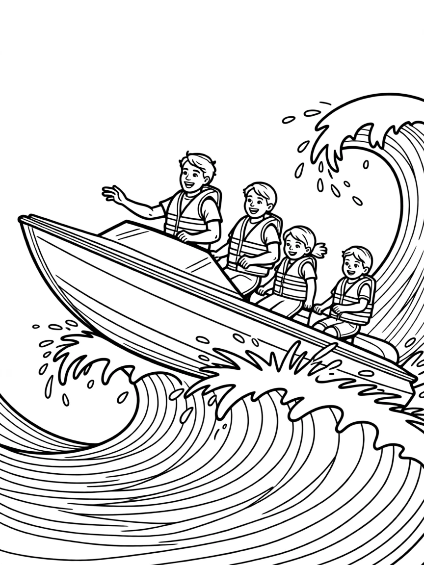 Speedboat jumping waves with family aboard, life jackets worn, and spray flying in all directions