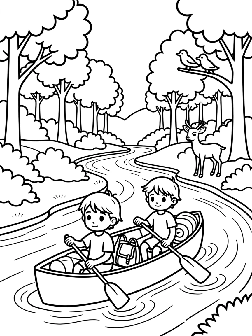 Canoe paddling down peaceful river with camping gear, wildlife watching, and forest scenery along banks