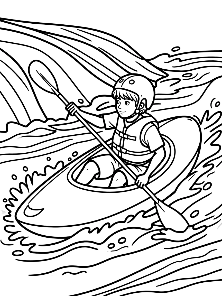 Kayak navigating white water rapids with helmet and paddle, showing adventure sports and river challenges