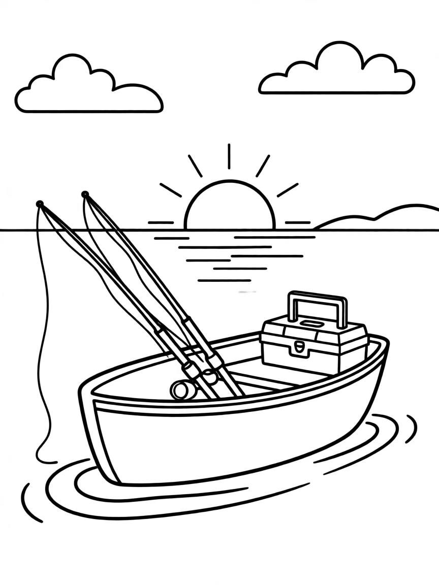 Rowboat on calm lake at sunset with fishing poles, tackle box, and peaceful evening atmosphere