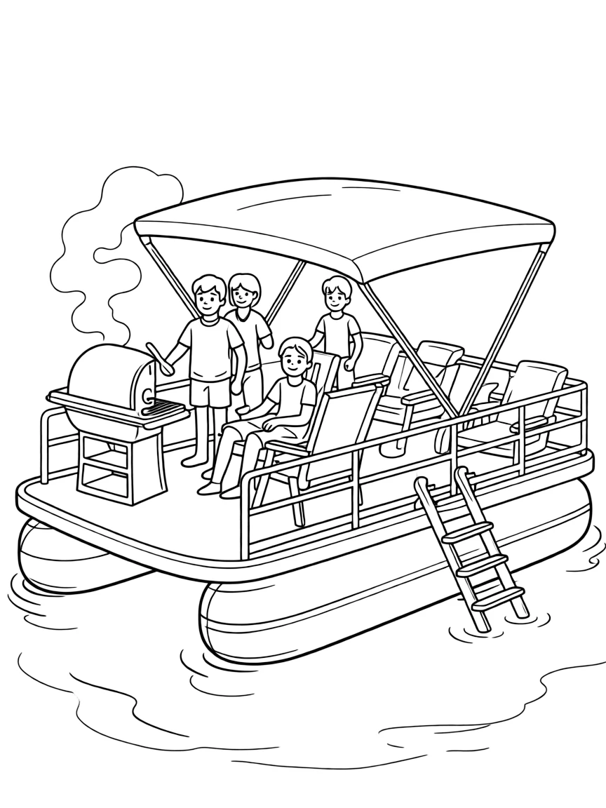 Pontoon boat family gathering with barbecue grill, swimming ladder, and relaxing chairs under canopy