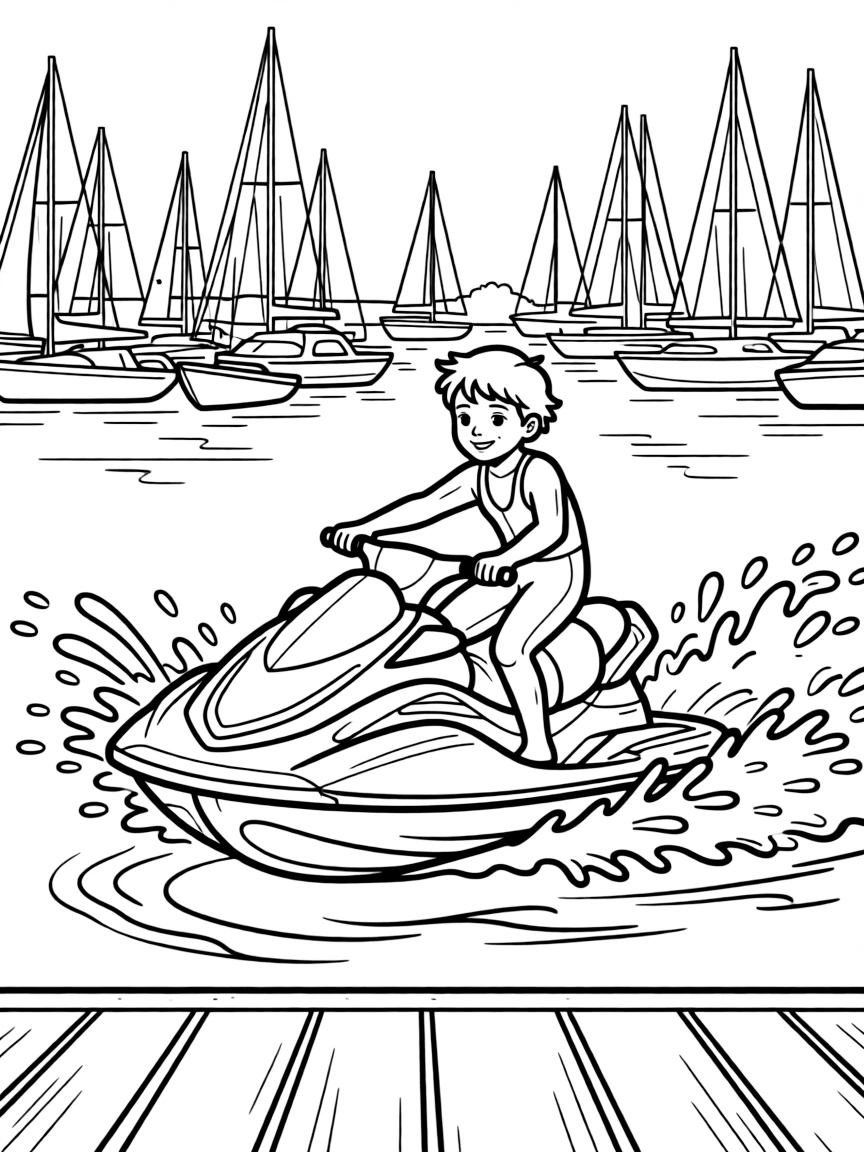 Jet ski racing across harbor with rider in wetsuit, spray flying, and marina with other boats behind