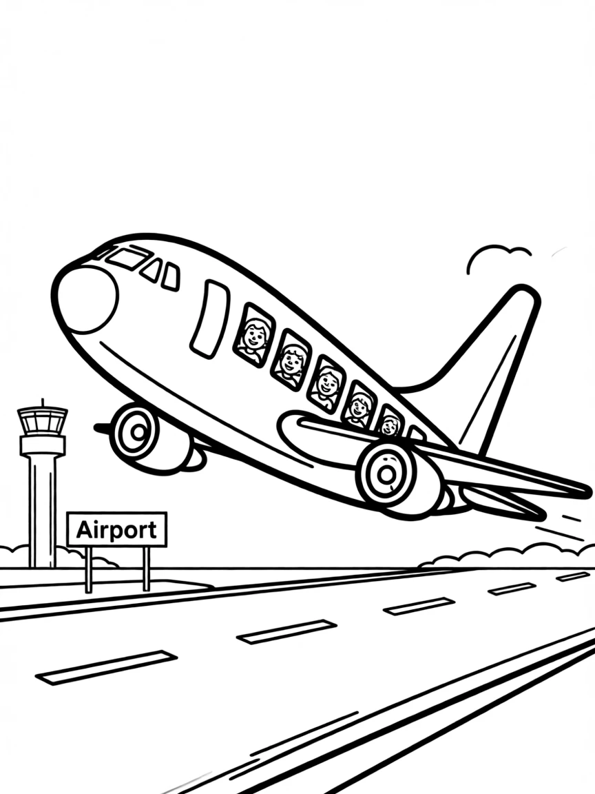 Commercial airliner taking off from airport with passengers looking out windows and control tower visible
