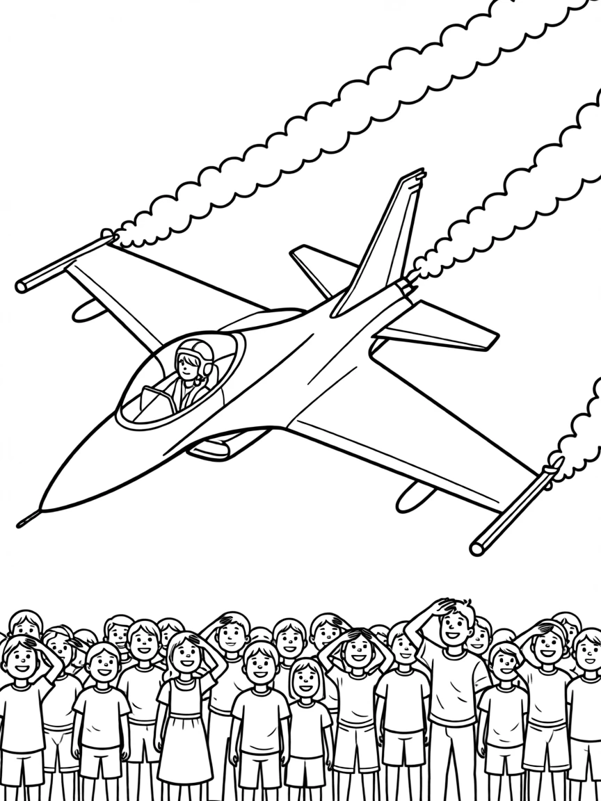 Fighter jet performing aerobatics at air show with vapor trails, pilot in cockpit, and crowds watching