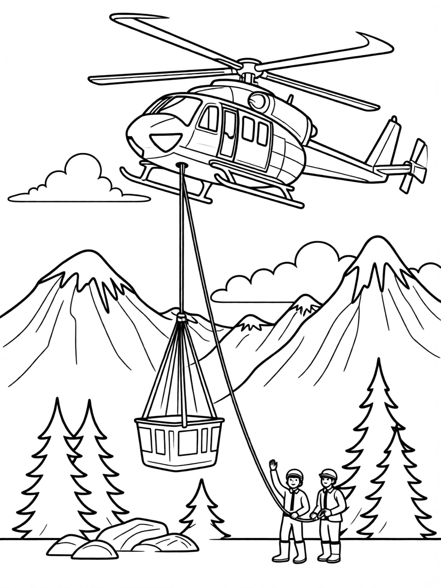 Helicopter rescue mission in mountains with basket lowering, search and rescue team, and emergency response