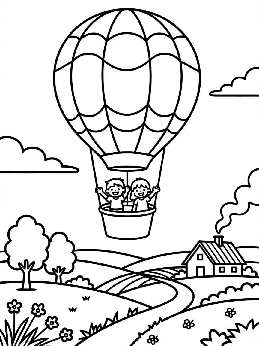 Hot air balloon floating over countryside with basket passengers, colorful envelope, and rural landscape