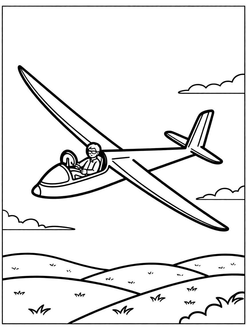 Glider soaring silently over hills with pilot controlling flight and peaceful sky conditions around