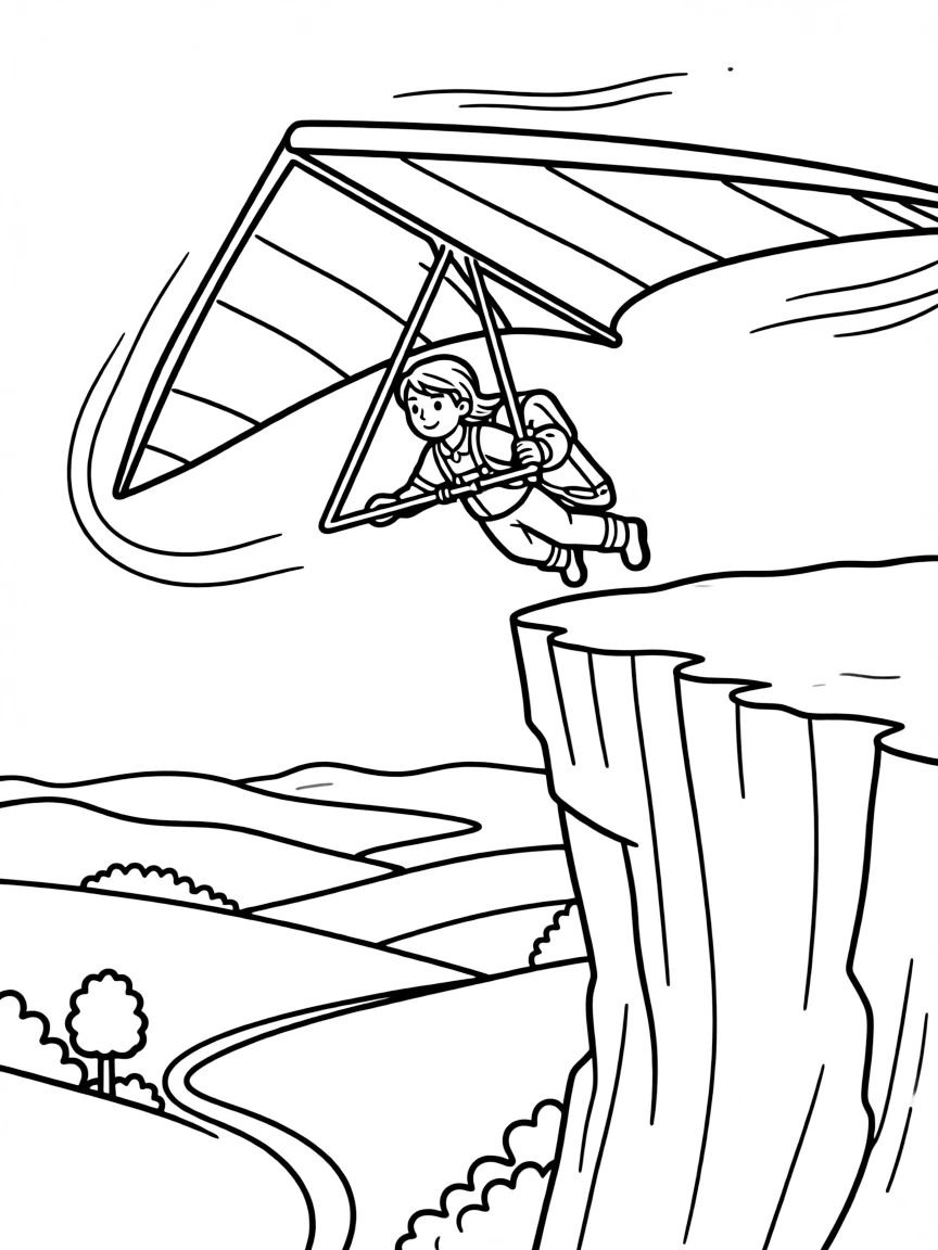 Hang glider launching from cliff with pilot in harness, wind conditions shown, and valley far below