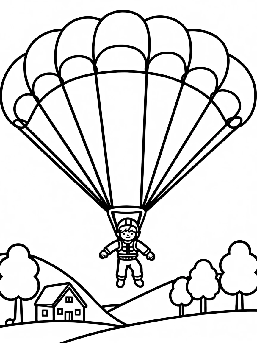 Parachute deployment during skydiving with jumper in freefall, colorful chute opening, and ground approaching