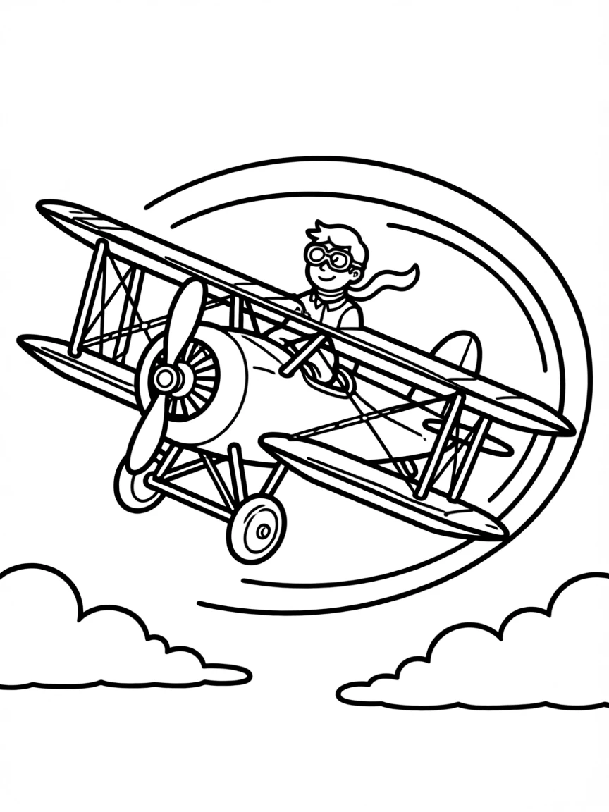 Biplane performing stunts with pilot in open cockpit, loops and rolls shown, and vintage aviation feel