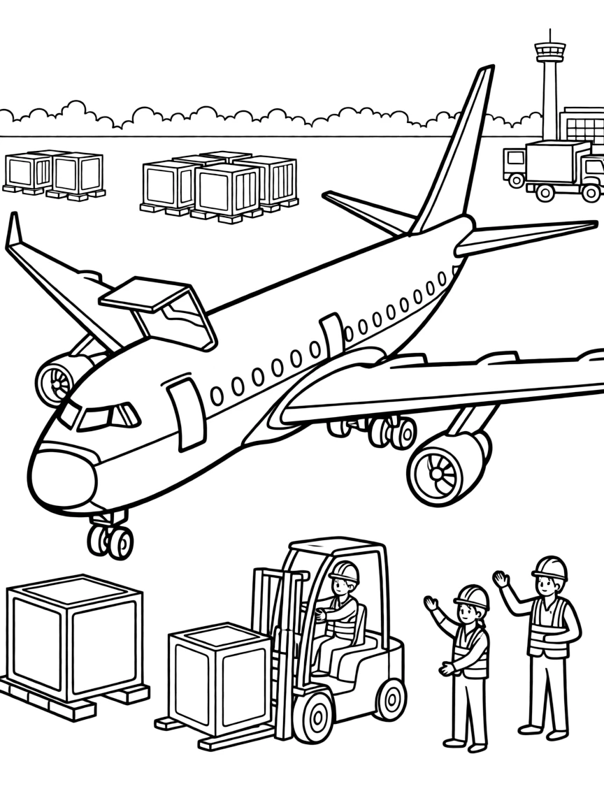 Cargo plane loading freight with workers operating equipment, containers being moved, and airport activity
