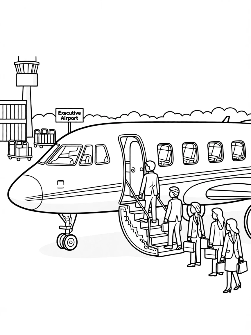 Private jet at executive airport with passengers boarding, luxury interior visible, and business travelers