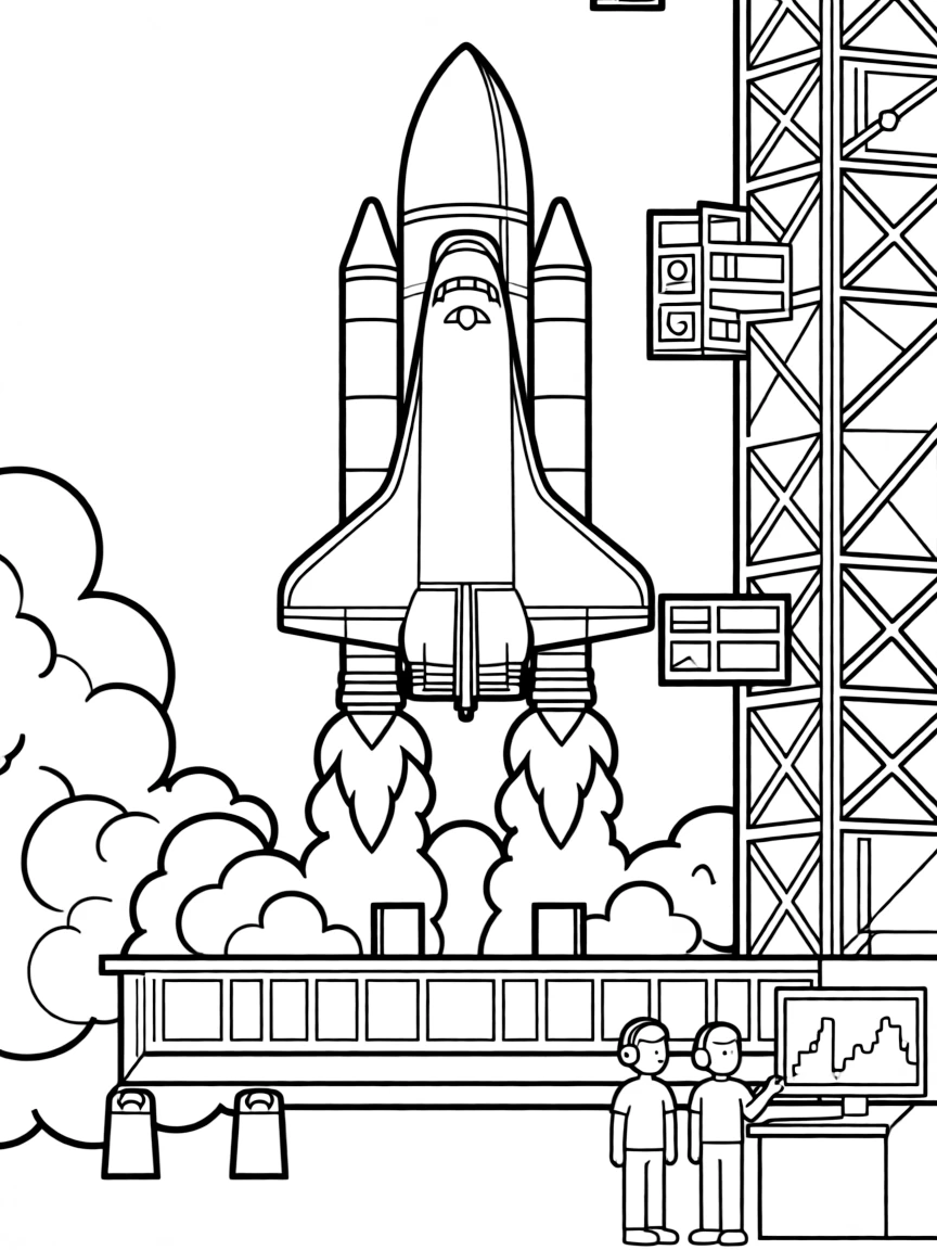 Space shuttle launching with massive rocket boosters, flame and smoke, and mission control monitoring