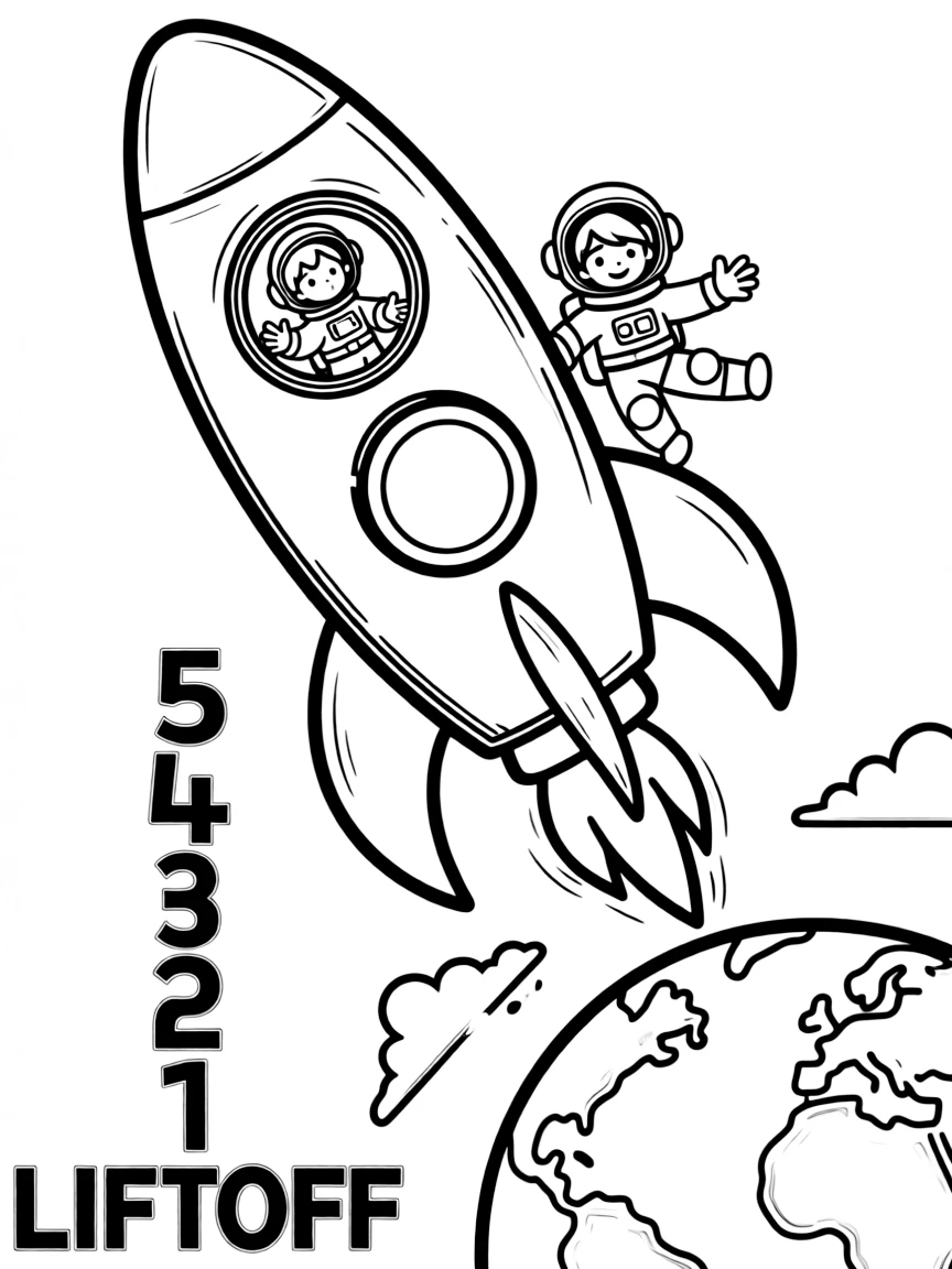Rocket ship blasting off to moon with astronauts aboard, countdown sequence, and Earth receding below