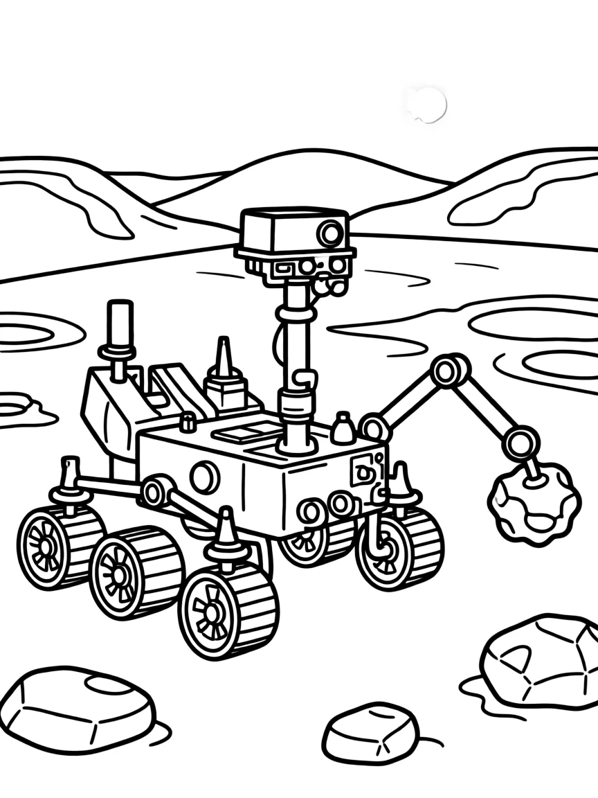 Mars rover exploring red planet surface with scientific instruments, rock samples, and Martian landscape