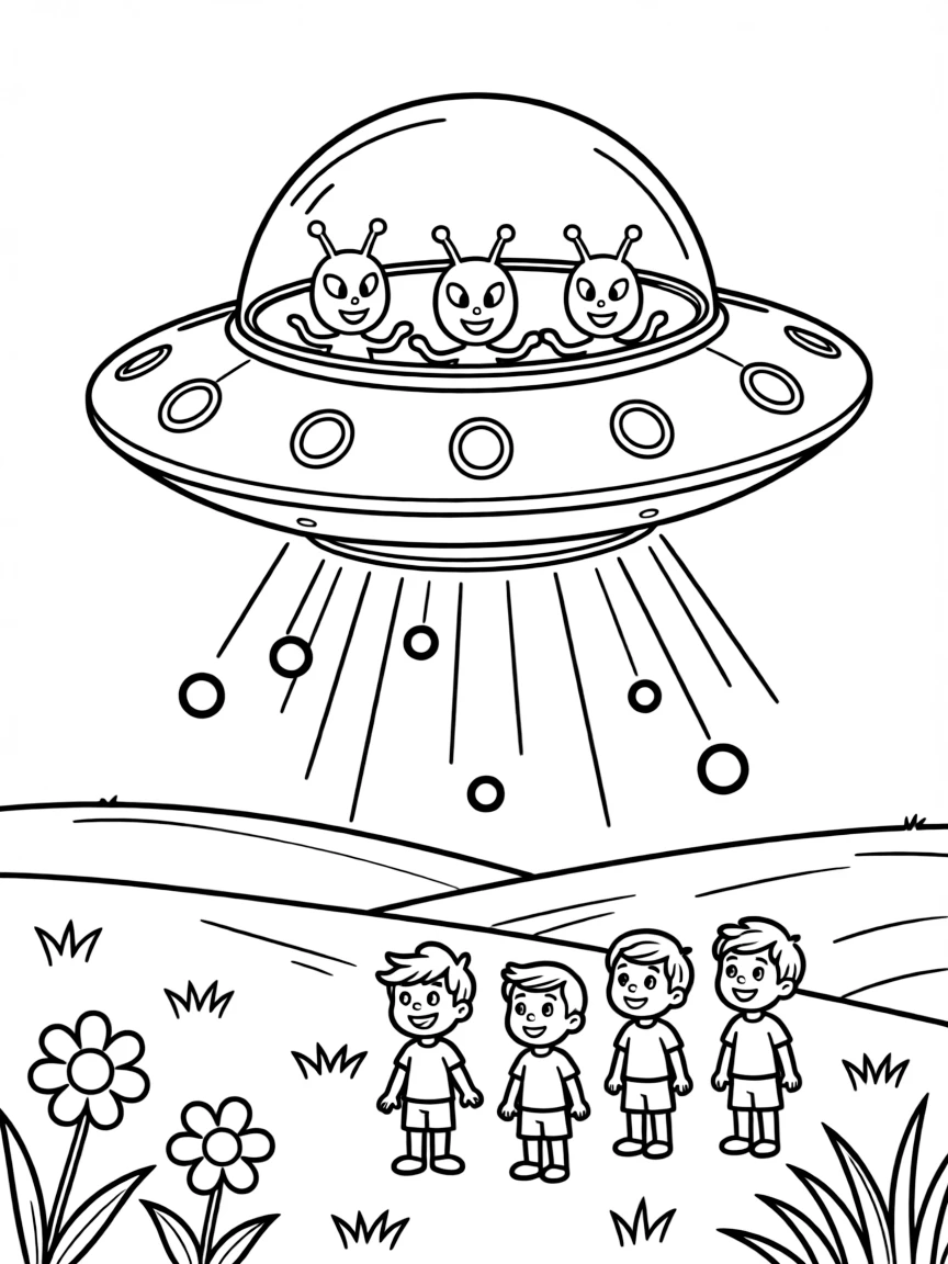 UFO flying saucer hovering over field with alien beings visible, strange lights, and mysterious atmosphere