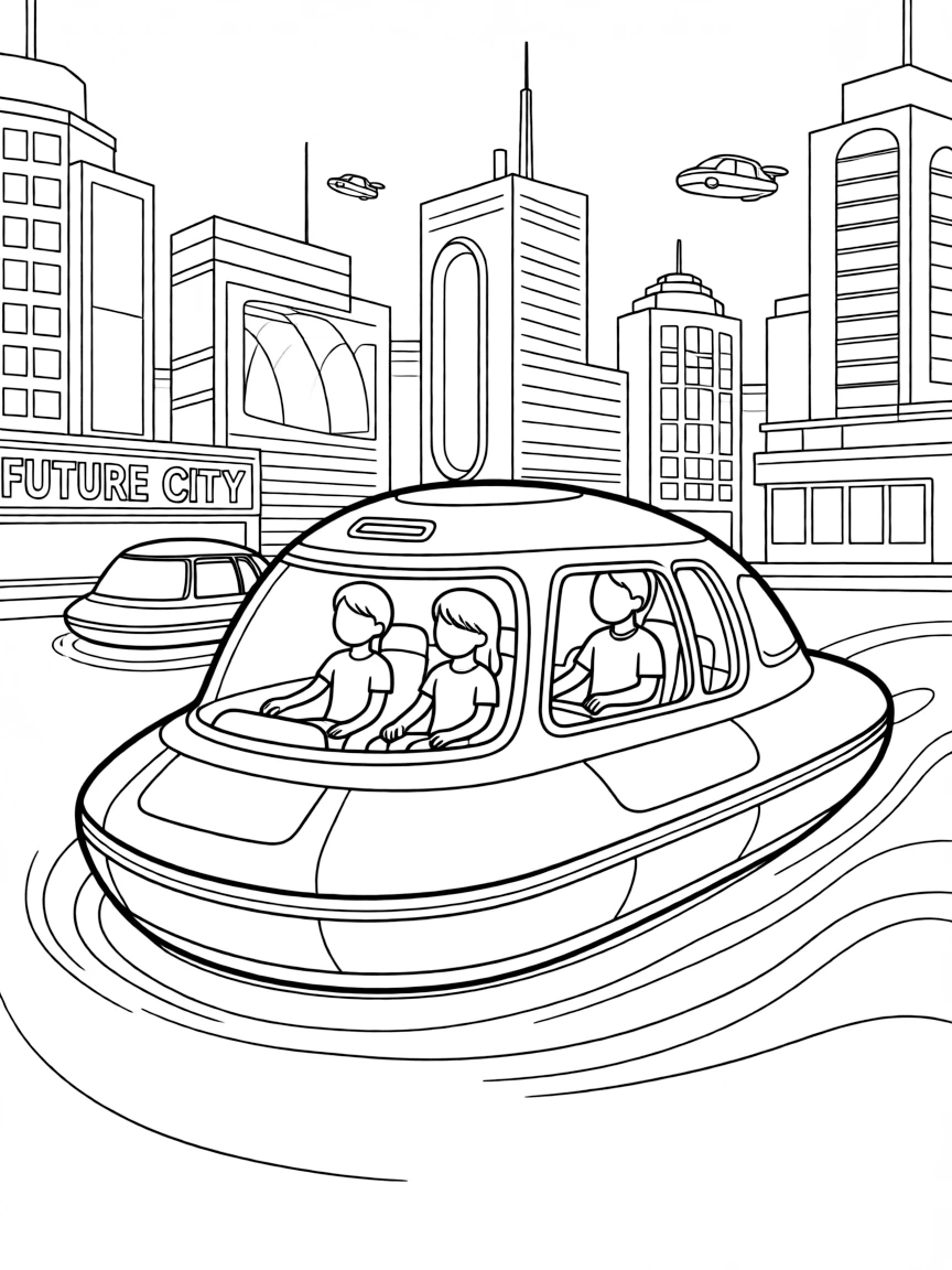 Hovercraft floating above ground with air cushion visible, passengers aboard, and futuristic city setting