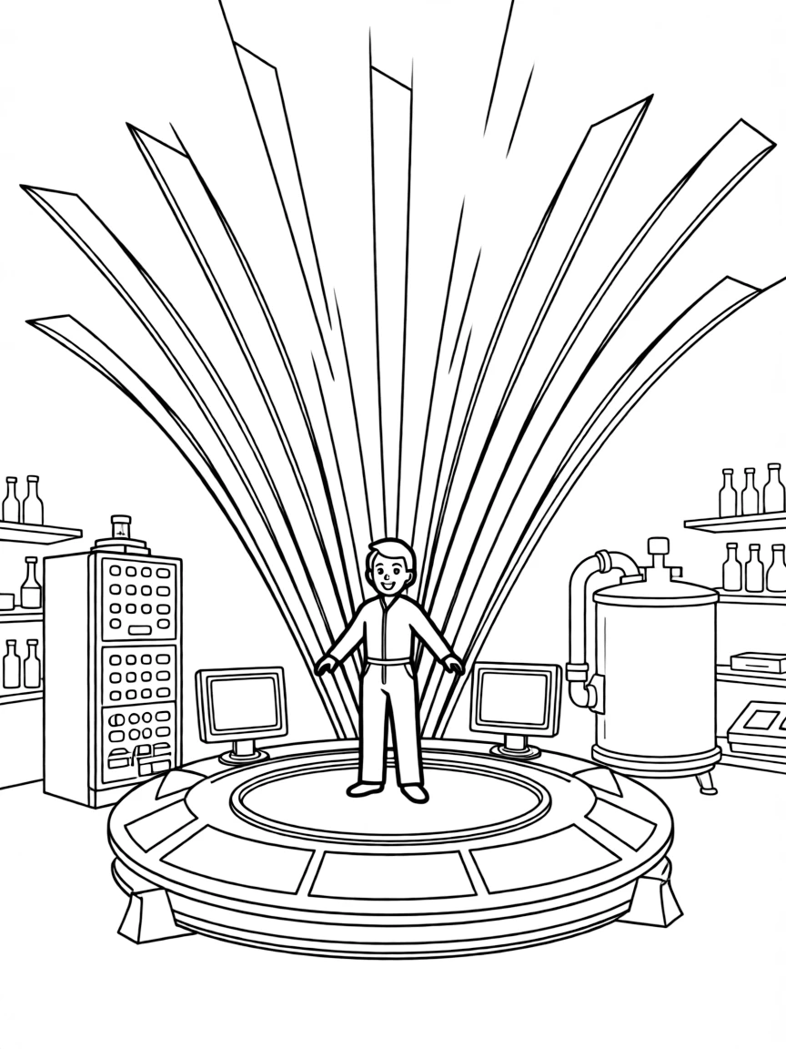 Teleportation device with energy beams, person materializing, and sci-fi laboratory equipment around
