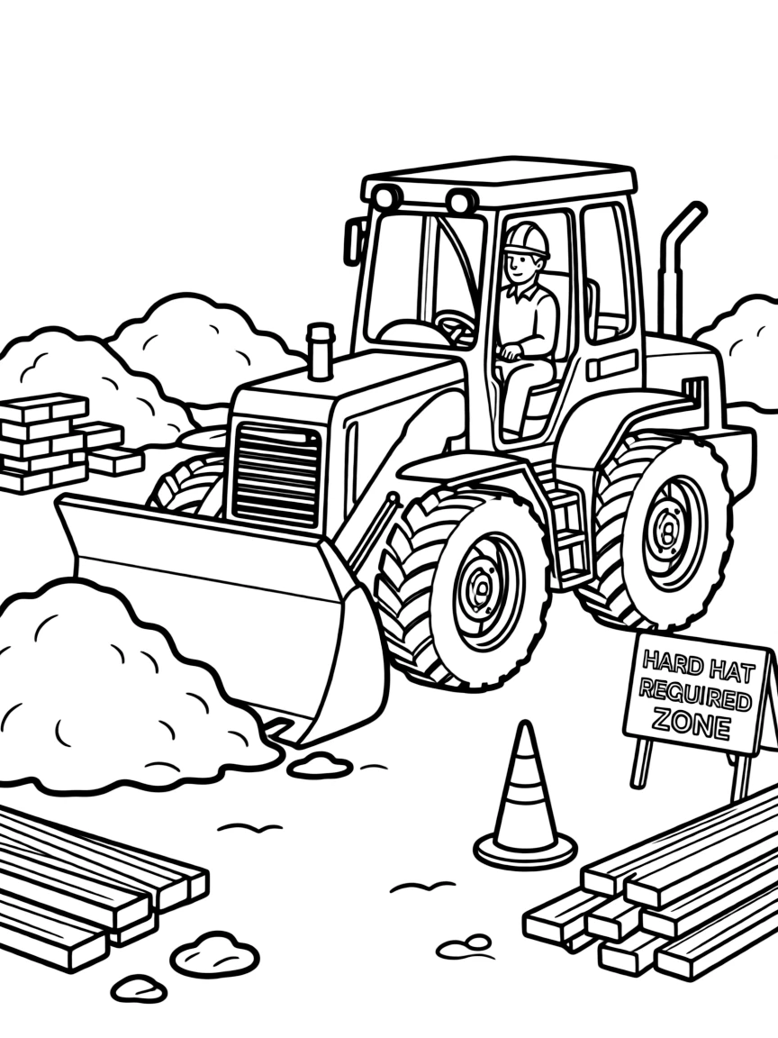 Bulldozer pushing dirt at construction site with operator in cab, hard hat required zone, and building materials
