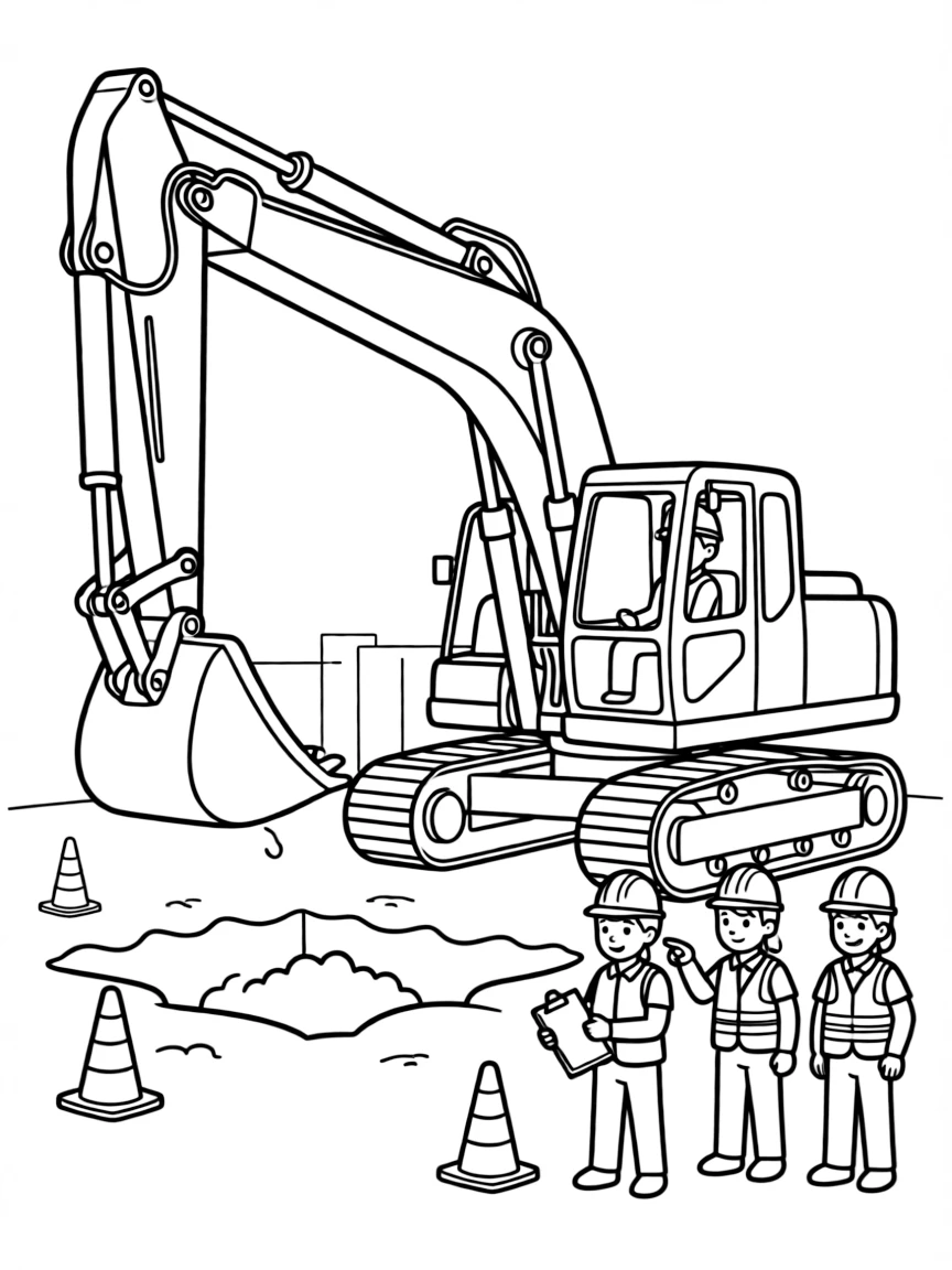 Excavator digging foundation with hydraulic arms, bucket scooping earth, and construction crew watching