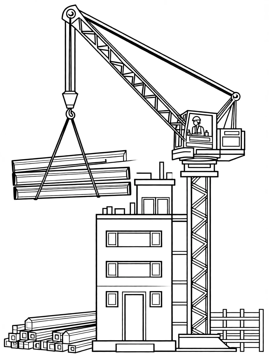 Crane lifting steel beams to building top with operator controls, safety harness, and skyscraper construction