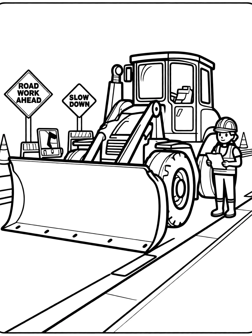 Road grader smoothing pavement with blade extended, construction zone signs, and highway repair work