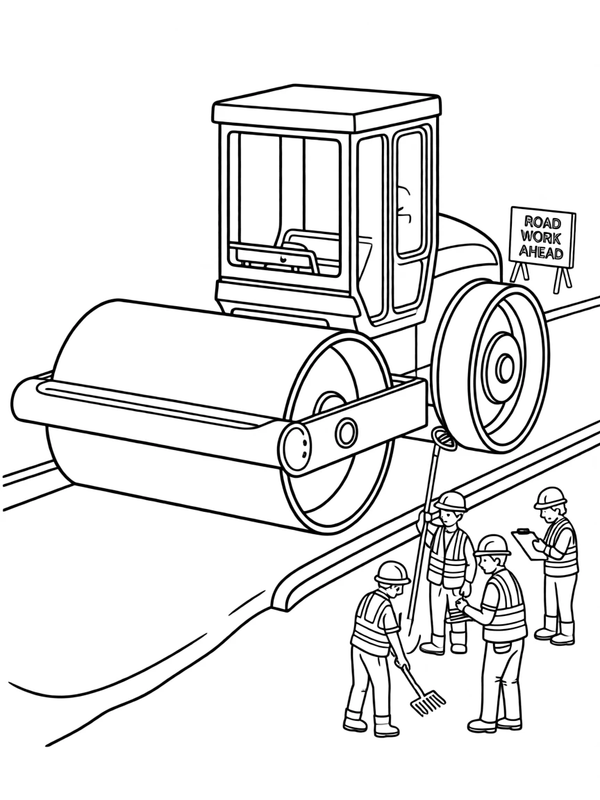 Steamroller compacting asphalt with heavy drums, road construction crew, and fresh pavement being laid