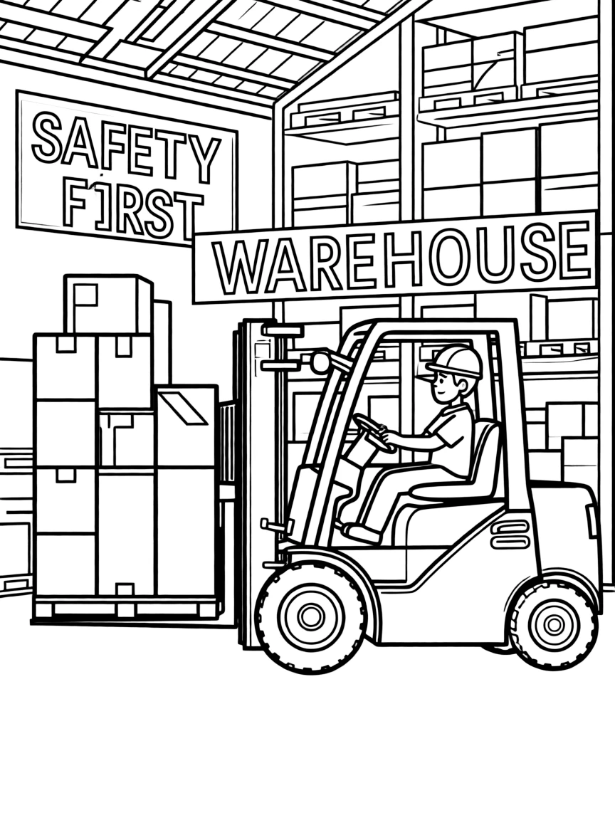 Forklift moving pallets in warehouse with operator, stacked inventory, and industrial storage facility