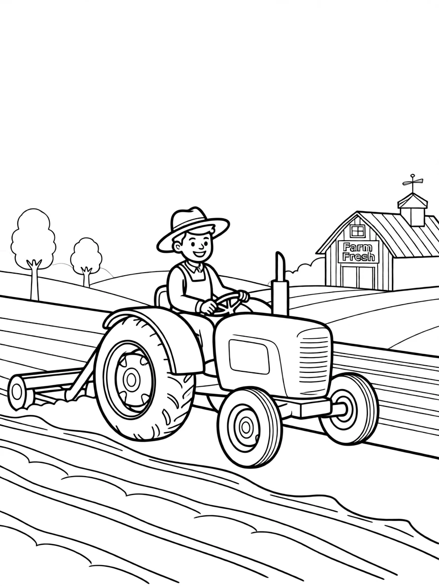 Tractor plowing field with farmer driving, furrows being turned, and rural agricultural landscape