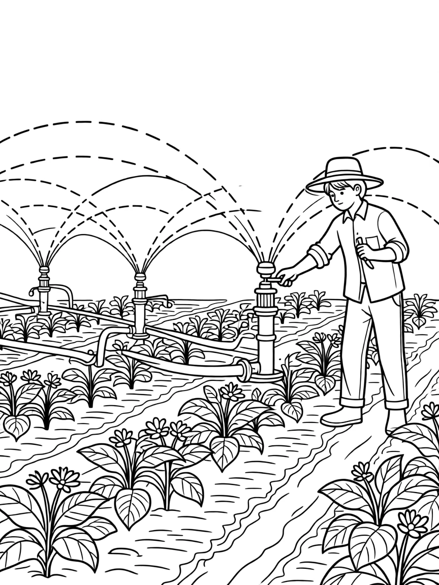 Irrigation system watering crops with sprinklers, farmer adjusting settings, and green growing plants