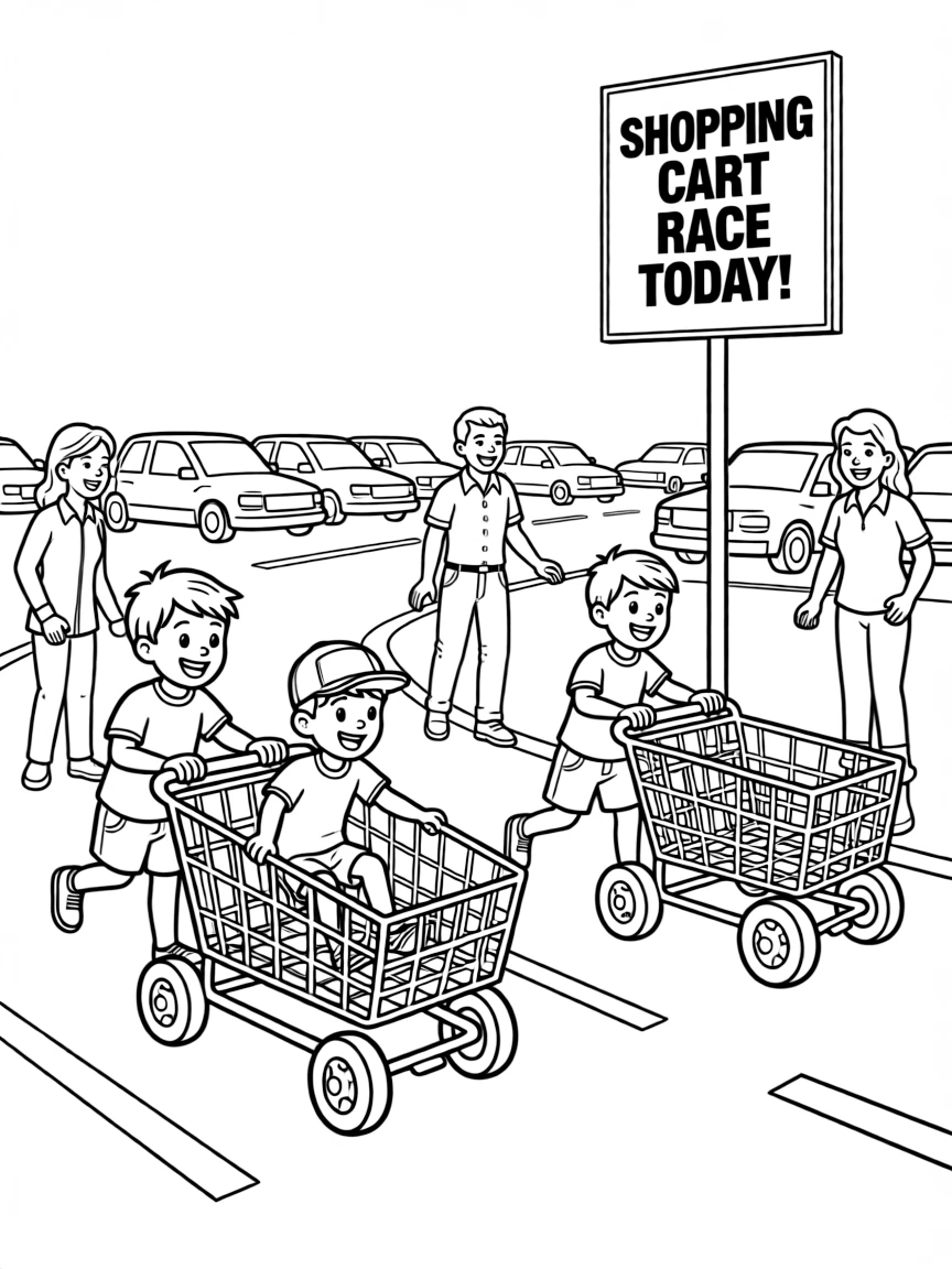 Shopping cart race with kids pushing carts, parents supervising, and grocery store parking lot setting