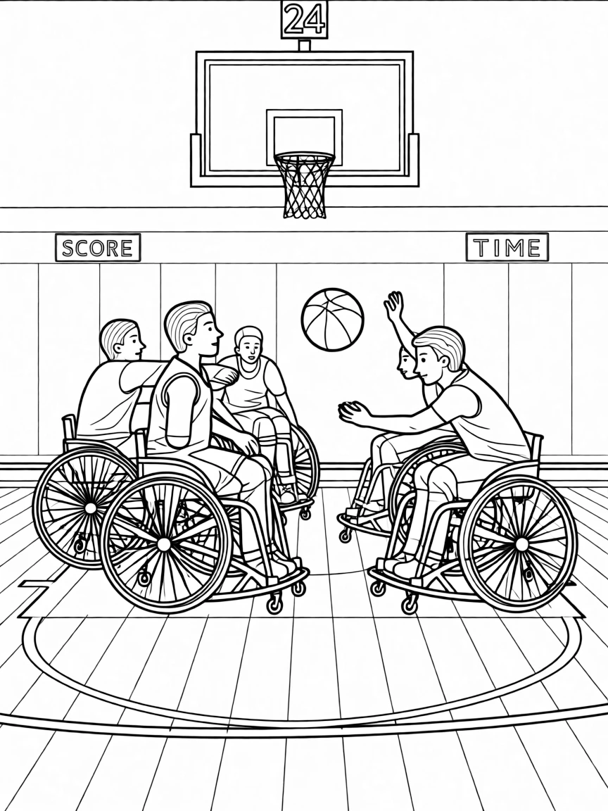 Wheelchair basketball game with players competing, adaptive sports equipment, and gymnasium setting