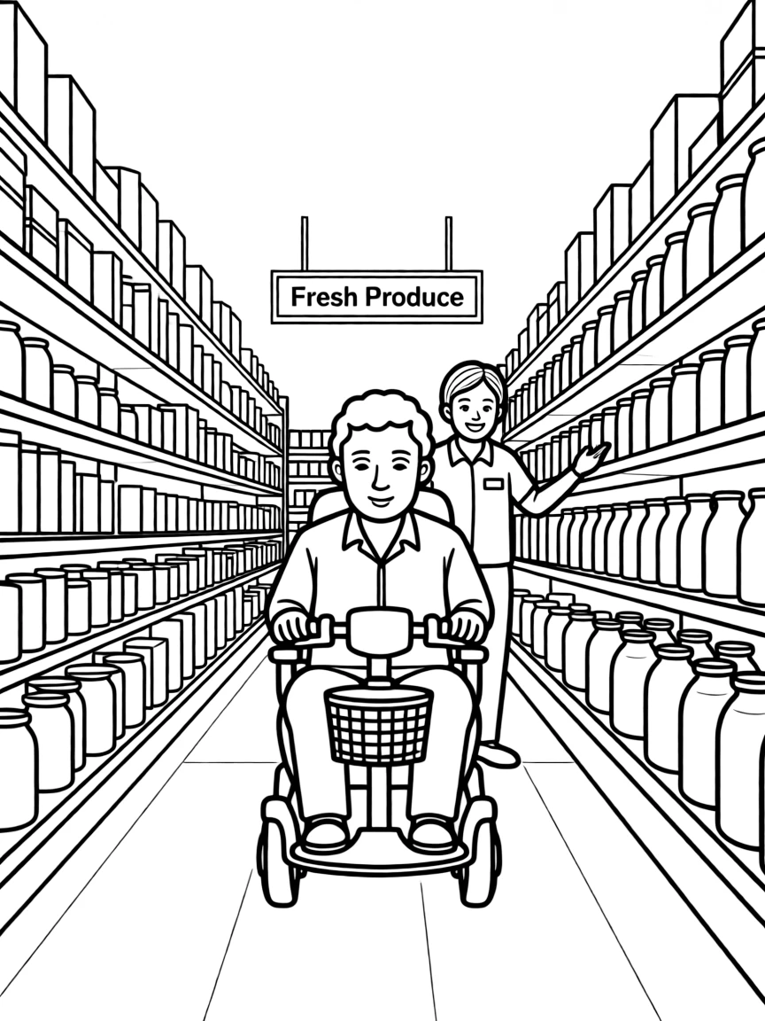 Mobility scooter shopping trip with elderly person riding, grocery store aisles, and helpful store staff