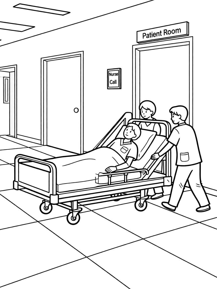 Hospital bed transport with patient comfortable, medical staff assisting, and hospital corridor setting