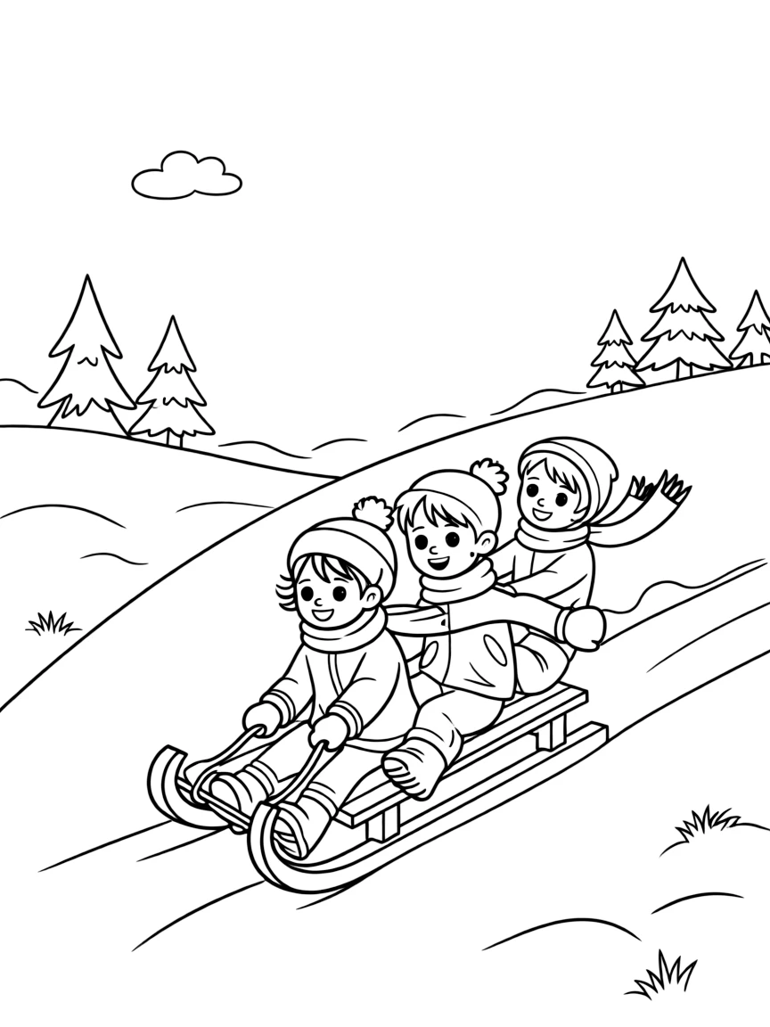 Sled racing down snowy hill with kids aboard, winter clothing worn, and snow-covered landscape everywhere