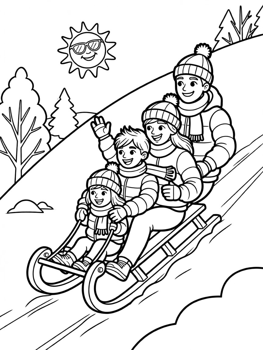 Toboggan family ride with multiple people, steep snowy slope, and winter fun atmosphere throughout