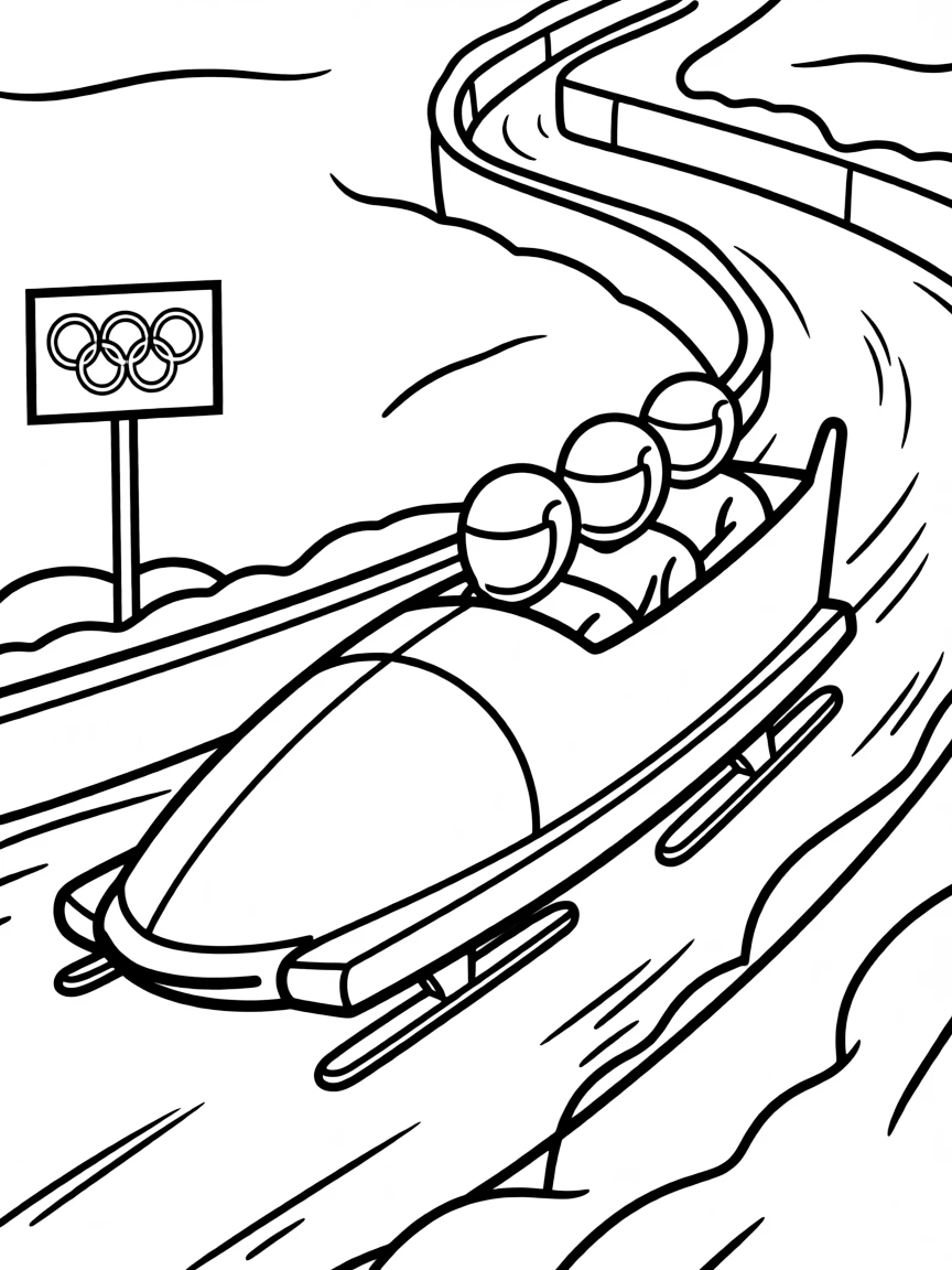 Bobsled team racing down icy track with helmets, aerodynamic position, and Olympic winter sports setting