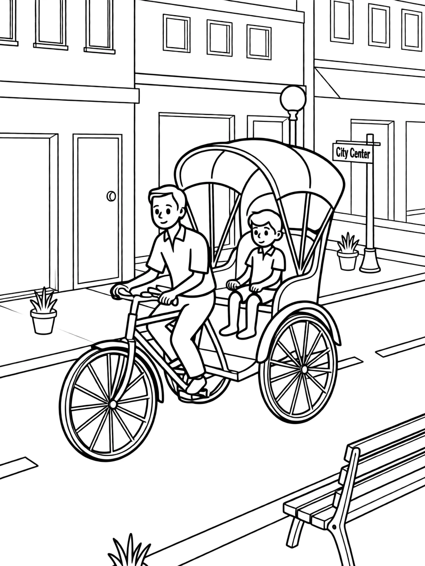 Rickshaw ride through city with passenger seated, driver pedaling, and urban street scenes around