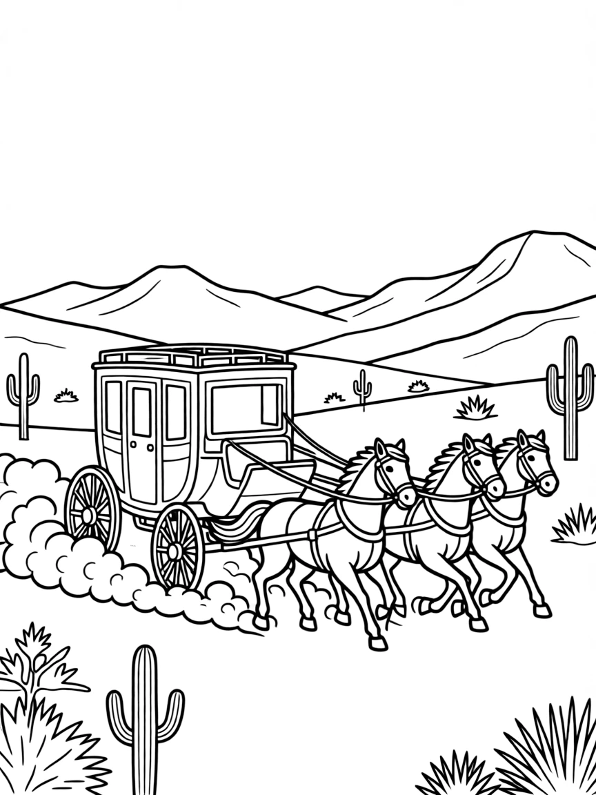 Stagecoach traveling old west with horses galloping, dust clouds, and frontier landscape with mountains